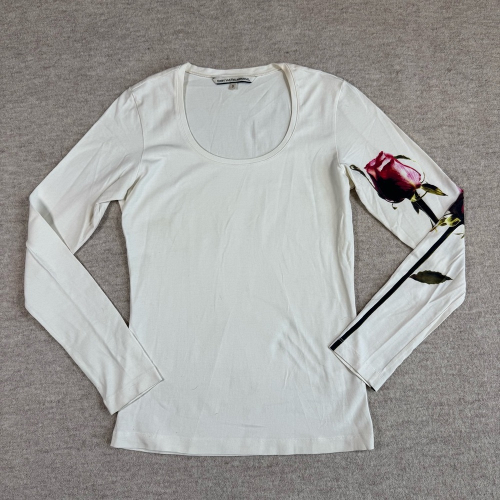 Elegant White Long Sleeve Top with Rose Accent